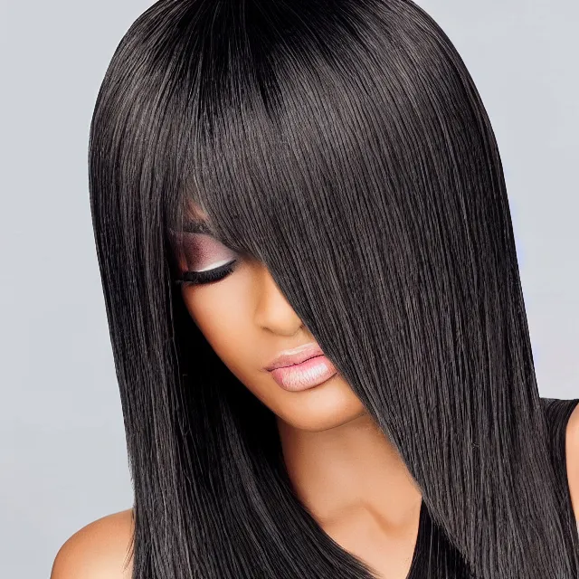 Image similar to avant runway hairstyle professional designer hair bangs, full body volume hairstyle, high detail, curves and straight combed with professional salon stylist products, studio lighting, smooth sharp focus