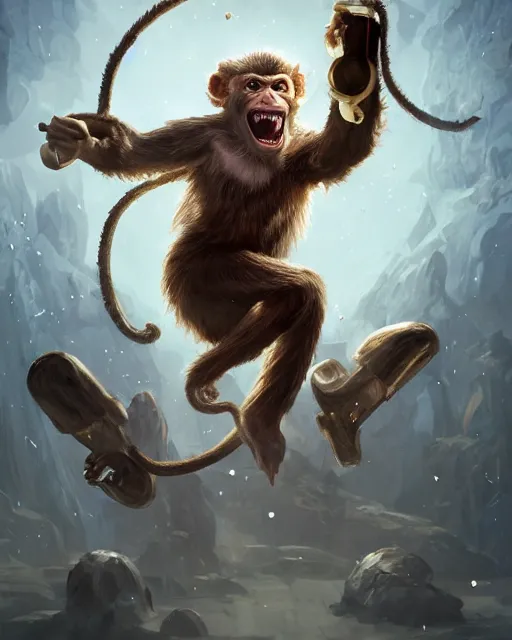 Image similar to Monkey Mad Scientist, laughing, D&D, artstation, fantasy, magic the gathering artwork, cinematic lighting, centered, symmetrical, highly detailed, digital painting, , concept art, smooth, sharp focus, illustration, volumetric lighting, epic Composition, 8k, art by Akihiko Yoshida and Greg Rutkowski and Craig Mullins, oil painting, cgsociety