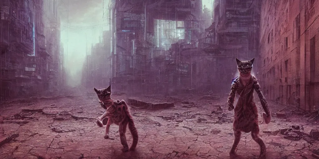 Prompt: cyberpunk demon kitten walking in a dystopian wasteland, Beksinski, MC Escher, very coherent symmetrical artwork. cinematic, hyper realism, high detail, octane render, 8k