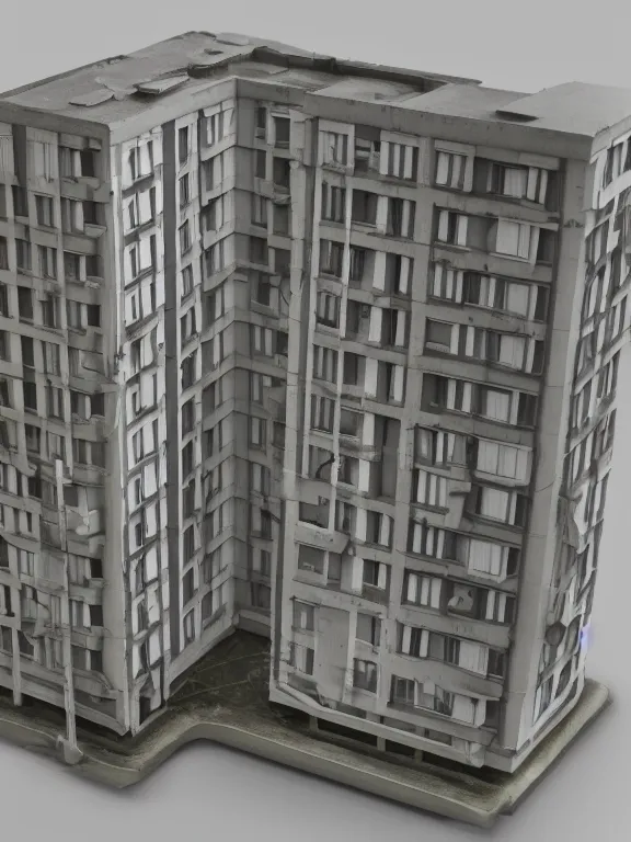 Image similar to a soviet apartment building, miniature, diorama , isometric, 3d render, studio lighting, soft light, 80mm, cheap plastic material, one object