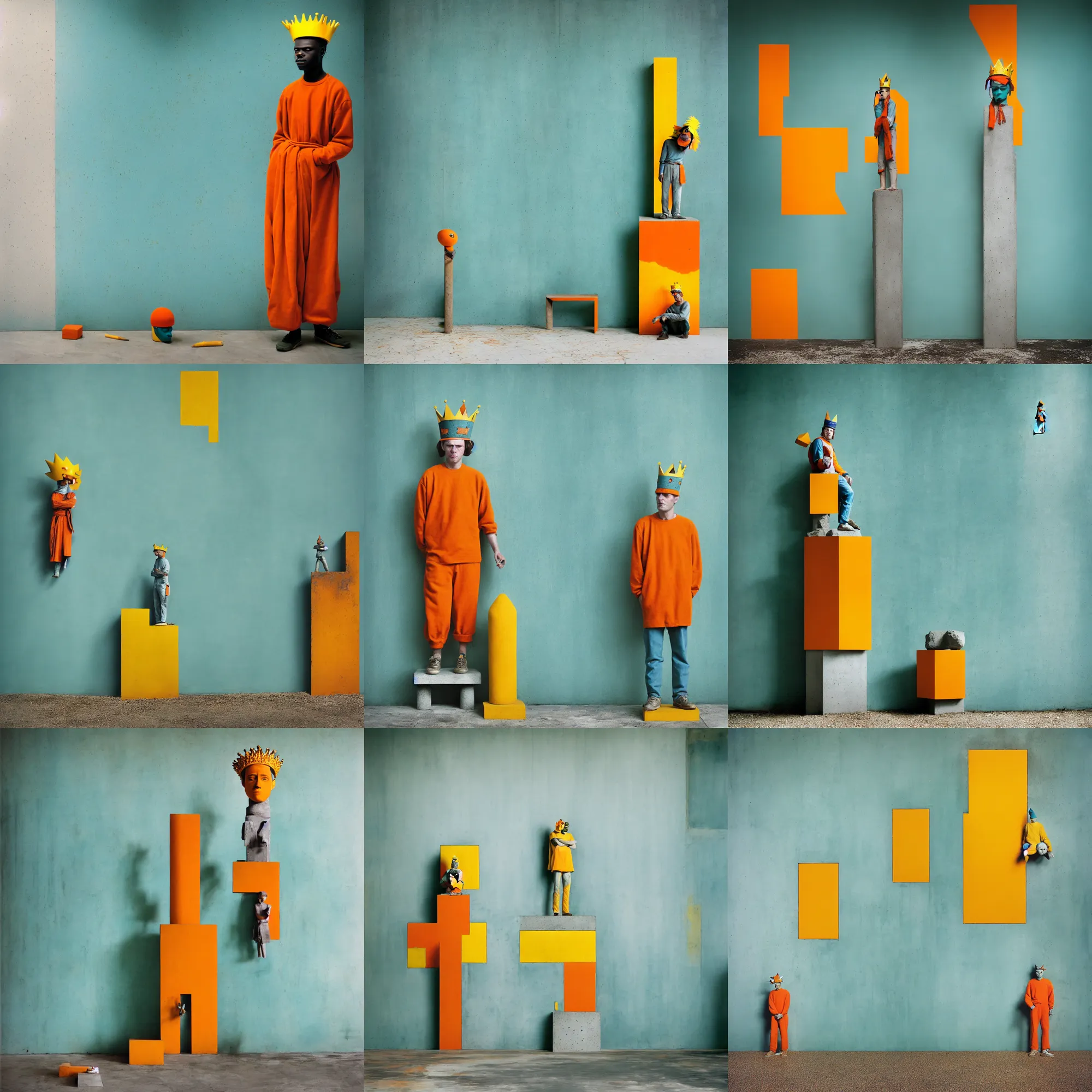 Image similar to kodak portra 4 0 0, 8 k, shot of a highly detailed, britt marling style, colour still - life portrait of a large minimalistic room, rough concrete walls, a single rough carved wooden teal and orange striped coloured statue is standing on a concrete podest with a yellow crown on his head, muted colours