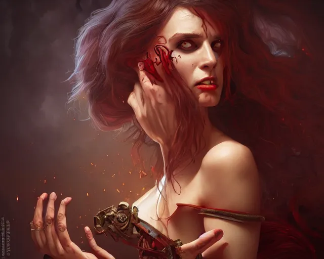 Image similar to crazy demented demonically possessed woman, photography of kurzgesagt, deep focus, d & d, fantasy, intricate, elegant, highly detailed, digital painting, artstation, concept art, matte, sharp focus, illustration, hearthstone, art by artgerm and greg rutkowski and alphonse mucha