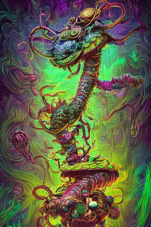 Image similar to creature sushi roots cactus elemental flush of force nature micro world fluo light deepdream a wild amazing steampunk baroque ancient alien creature, intricate detail, colorful digital painting radiating a glowing aura global illumination ray tracing