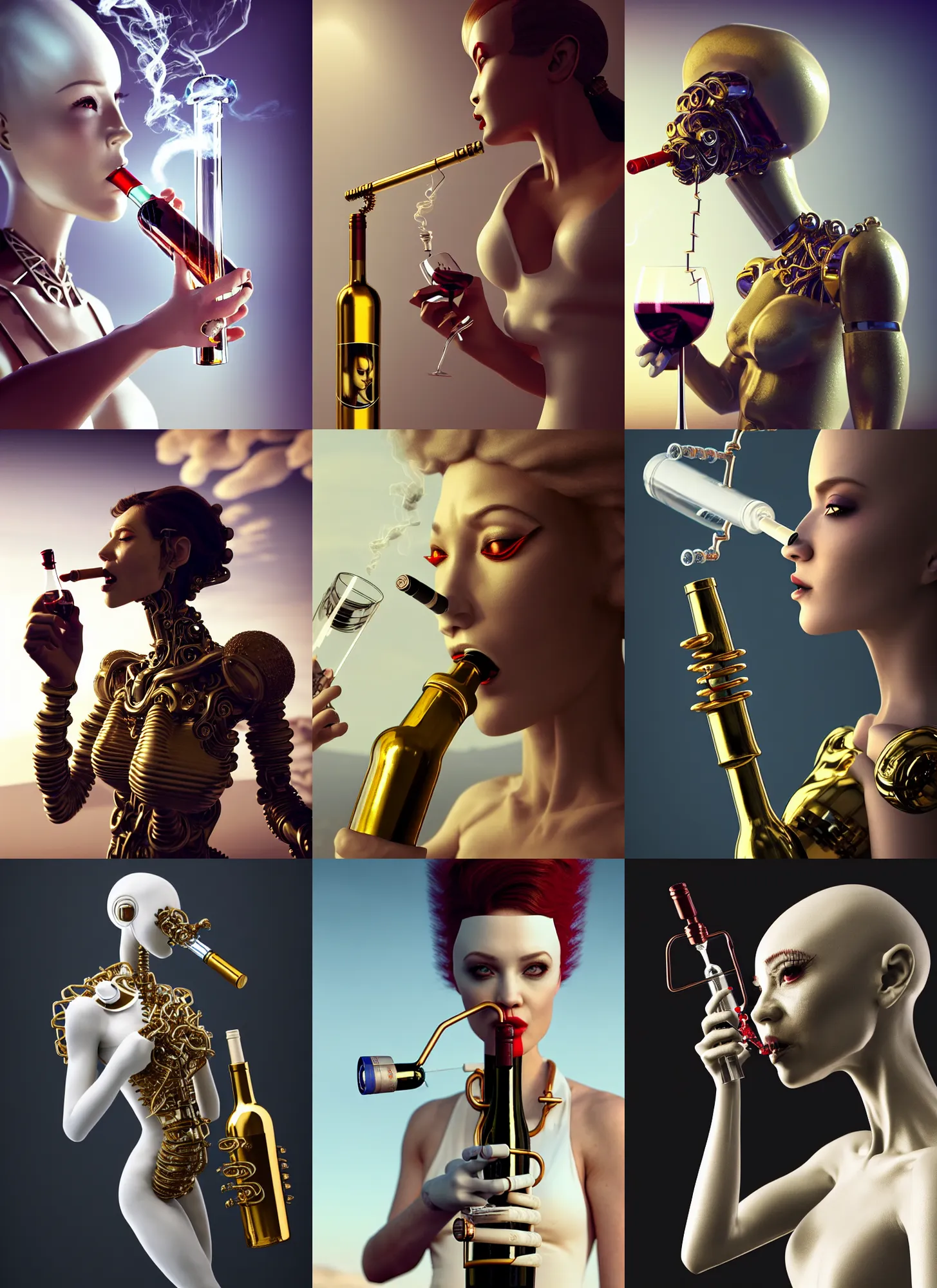 Prompt: white corkscrew cyborg smoking a wine bong | exoric jewelry | glamorous oily soft polished rich alluring ornate modern | weta disney movie still photo | hi - fructose, sci fi fantasy, golden ratio, smooth, octane render, sharp focus, artstation, concept art | beeple, mucha, rutkowski, feng zhu |