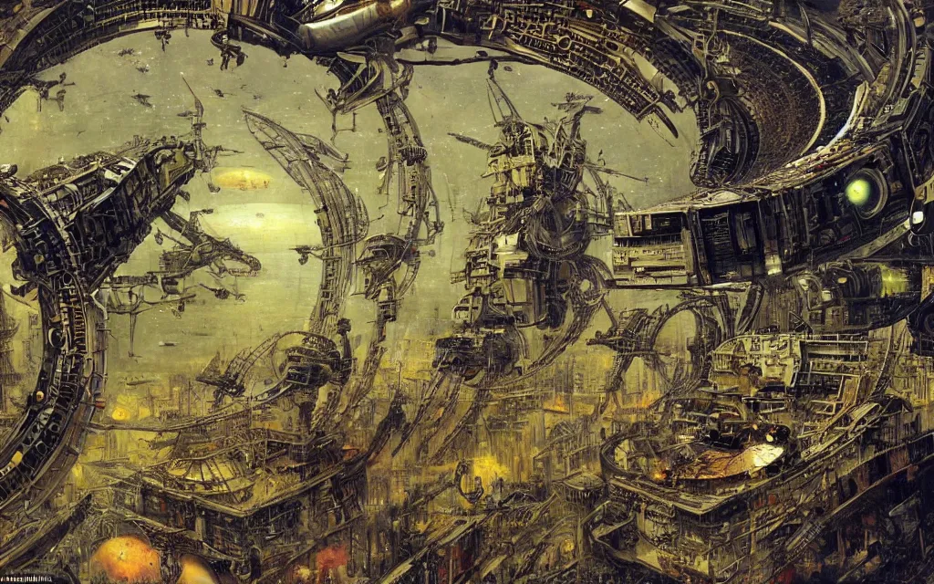 Prompt: complex alien technology in the form of a large space station, with different sections and levels, each with its own purpose by richard dadd and russ mills, style of atompunk