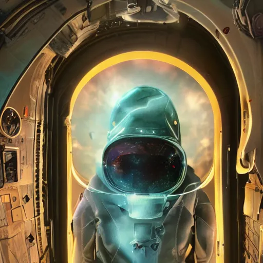 Prompt: A photorealistic image of an alien on a spaceship in space, looking out of a window into the galaxy, digital art, 8k, 35mm photography, full body shot, dimmed lighting