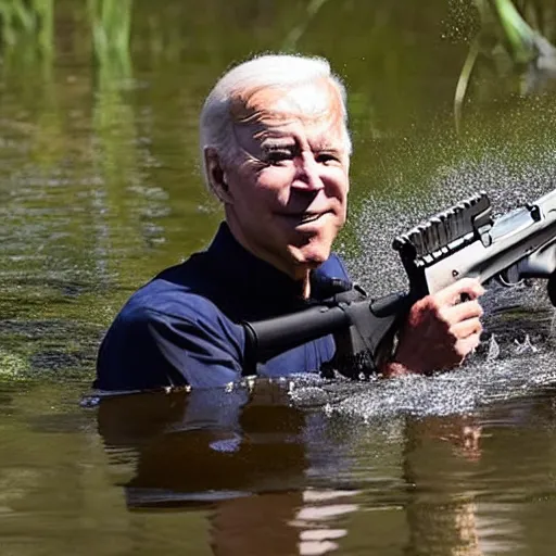 Prompt: joe biden rising out of swamp water with an ar 1 5
