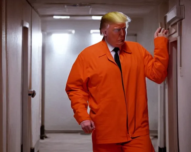 Prompt: donald trump wearing orange prison clothes locked up in an asylum, cinematic masterpiece, octane, dramatic lighting, very detailed