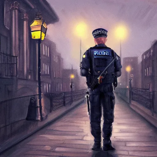 Image similar to A British police officer guarding London at night, highly detailed, ambient lighting, trending on art station