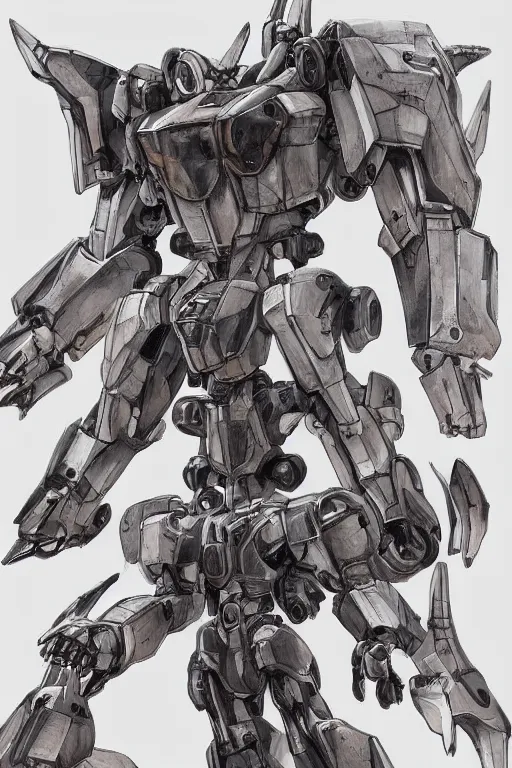 Prompt: full body illustrations of mecha, pen and ink, moderately detailed, ryouta otsuka, by momo koshu, by gerald payumo, by lance wilkinson, concept art, artstation, deviantart, pinterest, unreal engine