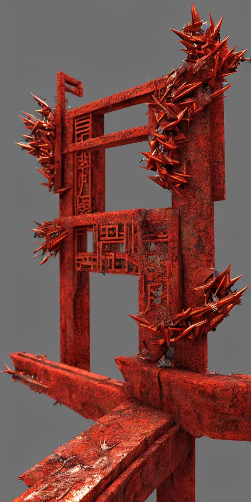 Prompt: 3 d render of a carved rusty torii gate sculpture, chrometype, made of liquid metal, neotribal with thorns and thunders, cyberpunk deconstructed japanese temple, raytraced, volumetric lightning, 8 k, by zhelong xu, ouchh and and innate studio