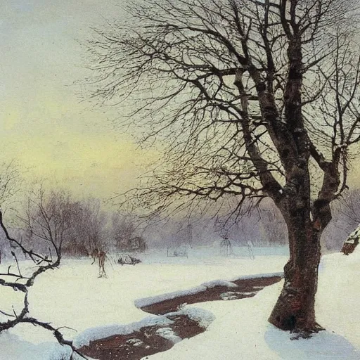 Image similar to early spring, thawed snow, trees, rooks sitting on trees, by alexey savrasov