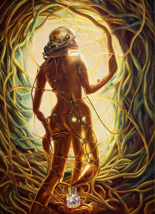 Image similar to oil painting of android woman immersed in the mystical tree, druid goddess, retro futurism, renaissance painting, baroque, golden body, steampunk, golden jewellery, shining crystals, cords and wires, vr googles, filigree, biomechanics, cinematic light, 8 k