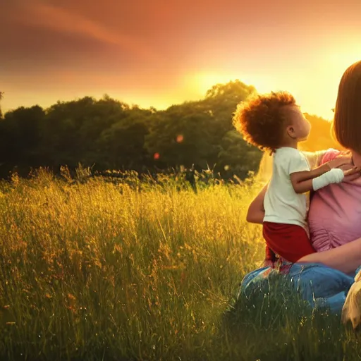 Prompt: A mother with her two children in a meadow, with a beautiful sunset in the background, mother and child, heartwarming, natural lighting, soft lighting, 4K, by Hayao Miyazaki, Studio Ghibli