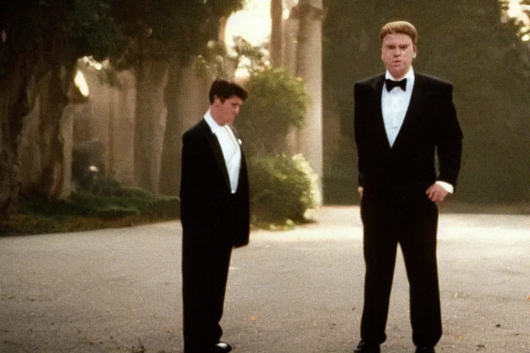 Prompt: cinematic still of chubby clean-shaven white man wearing black suit and black necktie in a funeral scene setting (1995), XF IQ4, f/1.4, ISO 200, 1/160s, 8K, RAW, dramatic lighting, symmetrical balance, in-frame