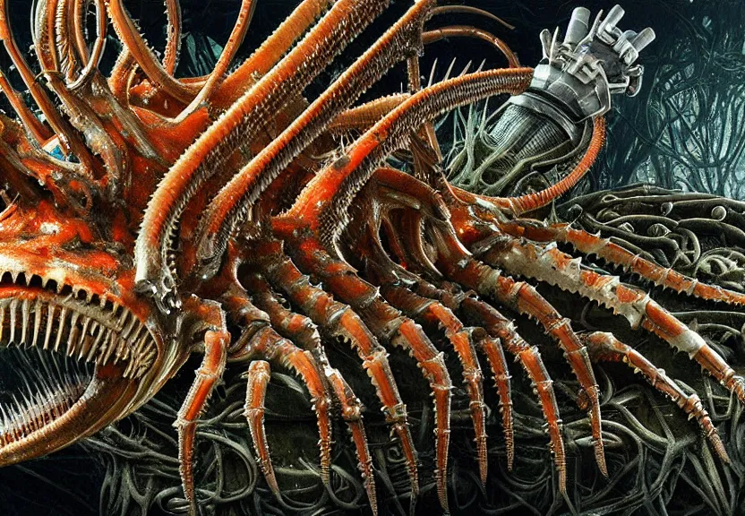 Prompt: extremely detailed. full body pictures of a cybernetic shark king crab centipede engine. underwater photography. claws. biomechanical giger ’ s xenomorph. the thing. detailed and intricate environment, wide angle, hyperrealism, plants and jungle, detailed and intricate environment, reflective, dynamic lighting, rembrandt, 8 k