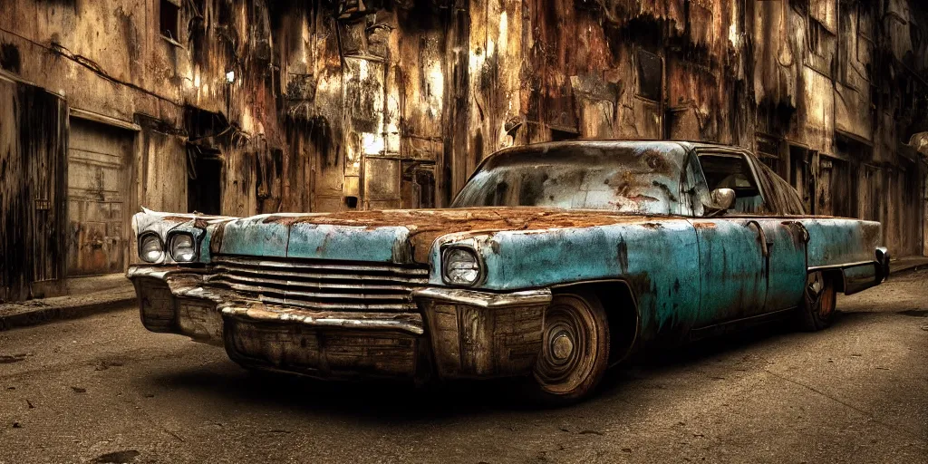 Image similar to a widescreen photo of a old rusty cadillac full with angry children, in a dark alley, low light, by steve mccurry