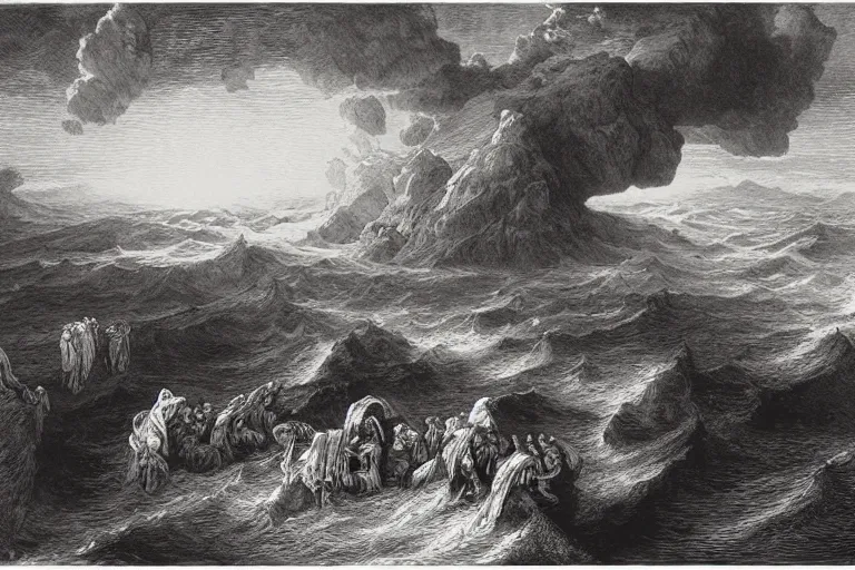 Image similar to aerial view, the biblical crossing of the red sea, Gustave Dore lithography