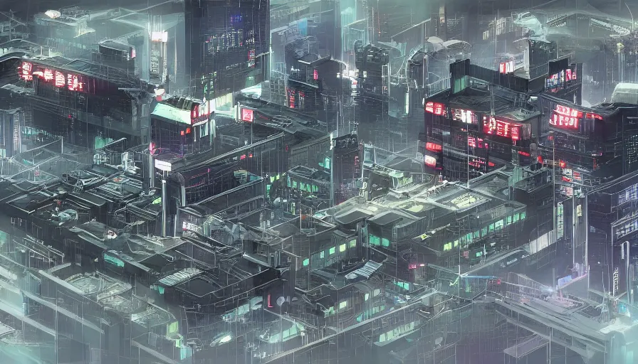 Prompt: Concept Art Illustration of neo-Tokyo Bank Headquarters, in the Style of Akira, Syndicate Corporation, Anime, Dystopian, Highly Detailed, Helipad, Special Forces Security, Blockchain Vault, Searchlights, Shipping Docks, For multiplayer Stealth fps bank robbery simulator, Akira Color Palette, Inspired by MGS2 + Ghost in the shell SAC + Cowboy Bebop :4 by Katsuhiro Otomo : 8