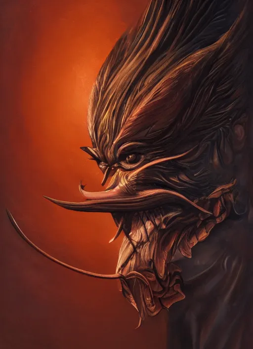 Image similar to a beautiful detailed oil on copper art illustration of a japanese tengu mask devil woman, elongated nose in the shape of a bird's beak, centered, by charlie bowater, zeng fanzh, trending on artstation, dim dusk lighting, cinematic lighting, detailed lighting, volumetric lighting, realistic, f 8, 4 k hd wallpaper