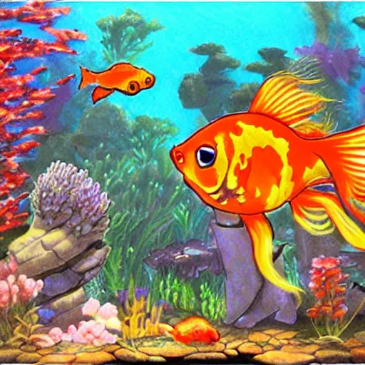 Image similar to beautiful aquarium full of cute beautiful goldfish, cartoon painting, style by anime studio ghibli