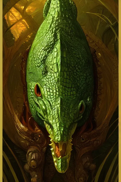 Prompt: crocodile god avocado, d & d, fantasy, intricate, elegant, highly detailed, digital painting, artstation, concept art, matte, sharp focus, illustration, art by artgerm and greg rutkowski and alphonse mucha