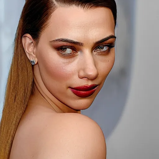 Image similar to a woman who is a genetic combination of kim kardashian and kat dennings and scarlett johansson and margot robbie and emma watson, face and upper - body focus