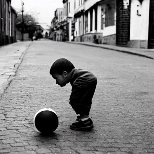 Image similar to a boy playing with a ball in the street vintage style