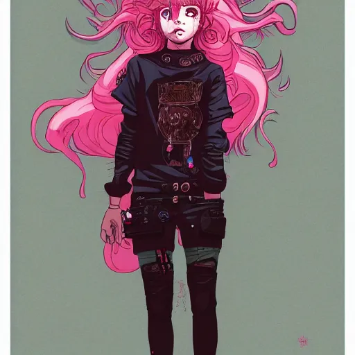 Prompt: wielding pose, portrait of a grungy cyberpunk anime, very cute, by super ss, cyberpunk fashion, curly pink hair, night sky by wlop, james jean, victo ngai, muted colors, highly detailed