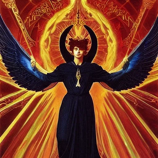 Image similar to godlike awe-inspiring menacing Lucifer royal portrait, standing tall invincible, beautiful angelic wings, Satan,Pride,Superbia, stunning, breathtaking, award-winning, groundbreaking, concept art, nouveau art, Dark Fantasy mixed with Socialist Realism, by Michelangelo, Caravaggio, Alphonse Mucha, Michael Whelan, William Adolphe Bouguereau, John Williams Waterhouse, and Donato Giancola, extremely moody lighting, glowing light and shadow, atmospheric, fine art, trending, featured, 8k, photorealistic, complex, intricate, 3-point perspective, hyper detailed, unreal engine 5, IMAX quality, cinematic, symmetrical, high resolution, 3D, PBR, path tracing, volumetric lighting, octane render, arnold render