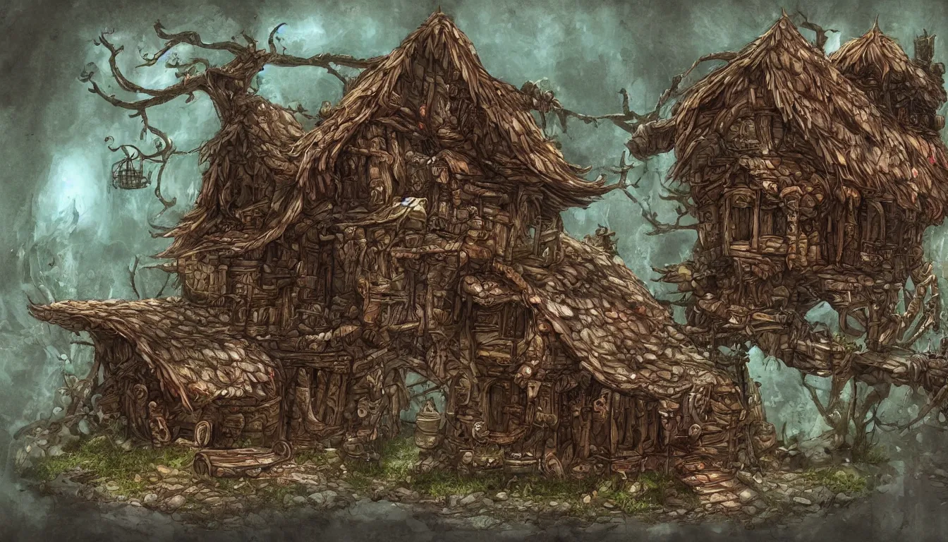 Prompt: Fantasy concept art of a baba yaga house on chicken legs.