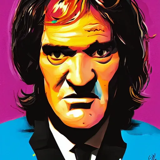 Image similar to pulp portrait colorful of quentin tarantino eating a slice of pizza, illustration, artstation