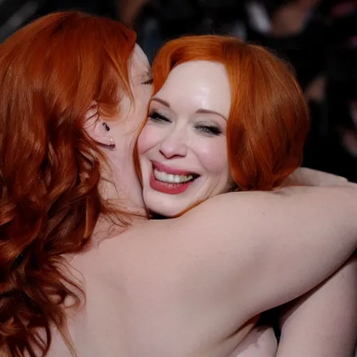 Image similar to christina hendricks hugging,