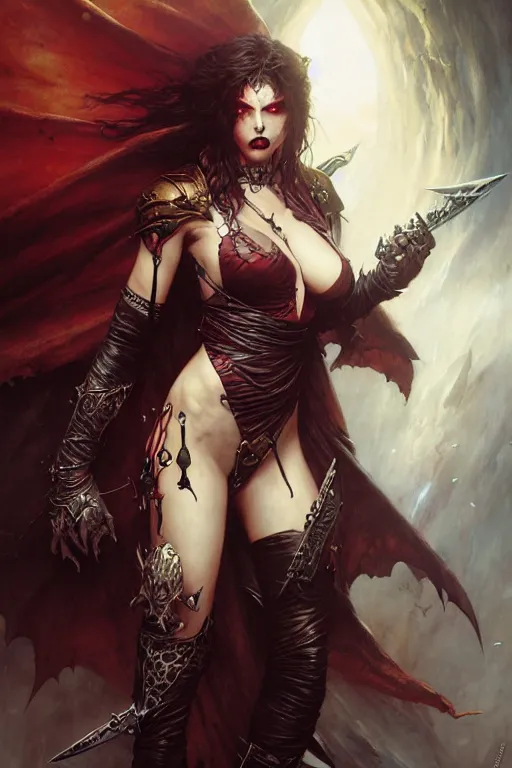 Image similar to powerful female vampire warrior by raymond swanland, gaston bussiere, simon bisley, anna podedworna, ayami kojima, greg rutkowski, maxim verehin