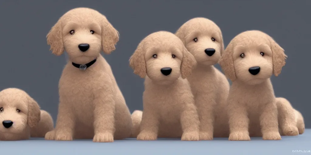 Image similar to adorable goldendoodle puppies and dogs, pixar render, brilliant style by Artstation, Artstation Trending, cgsociety, high quality, very coherent, ultra realism, high definition, post processing, unreal engine, 8k, high resolution, octane render, high contrast, 4k UHD, photographic, digital art, artstation,