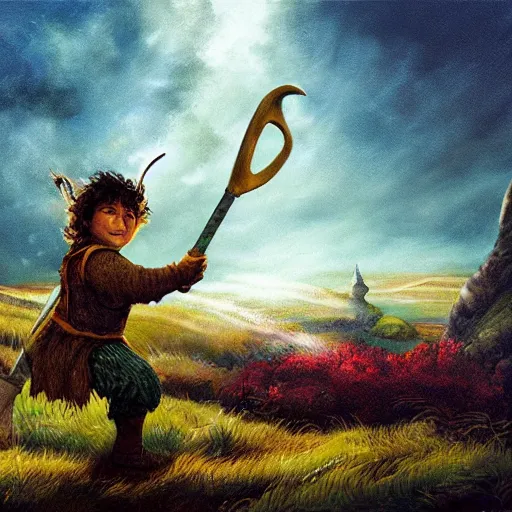 Image similar to A warrior hobbit swings a club at the head of a goblin. The rolling hills of the shire are in the background. Digital fantasy art by Anato Finnstark and Alan Lee.