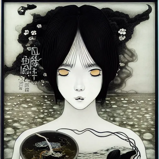 Image similar to prompt: Balck and white Fragile looking vessel portrait face drawn by Katsuhiro Otomo, beautiful girl in lake with shining face super detailed, nymph in the water performing alchemy, small flowers and cables and wire around and on the side with artifacts and ancient book, intricate oil painting, soft light, white background, intricate detail, intricate oil painting detail, sharp high detail, manga and anime 2000