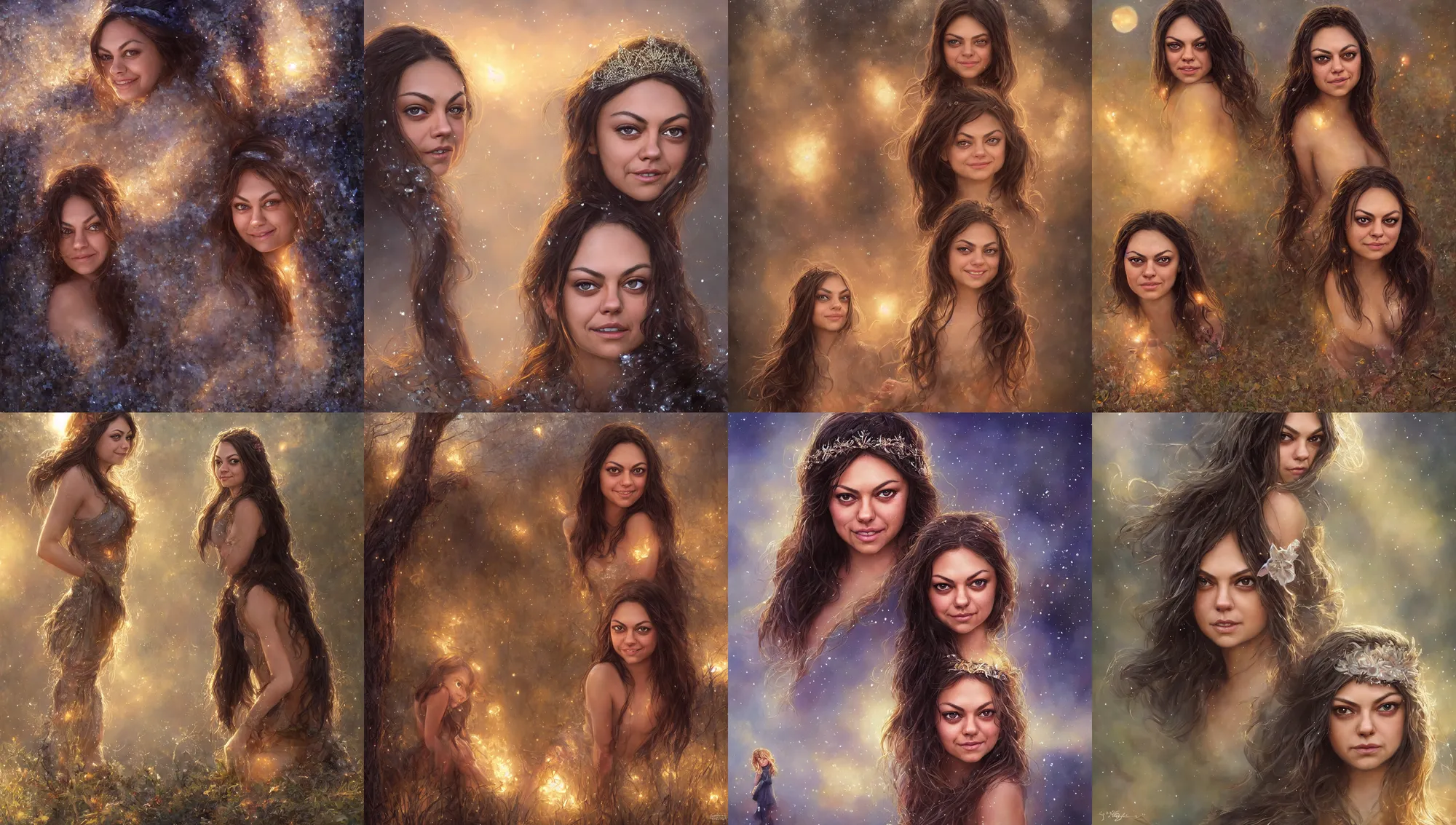 Image similar to big - eyed mila kunis winter princess smiling intensely into the camera, sundown golden hour firefly wisps, steve hanks, charlie bowater, mark brooks, steve henderson, justin gerard, mark keathley, victor nizovtsev, tom bagshaw, krenz cushart, ross tran, focal length : 2 0 0. 0 mm