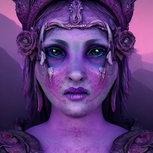 Image similar to a beautiful detailed 3d matte painting of female goddess of the dead, ominous, magical realism, texture, intricate, purple torn fabric, radiant colors, fantasy, trending on artstation, volumetric lighting, micro details, 3d sculpture, ray tracing