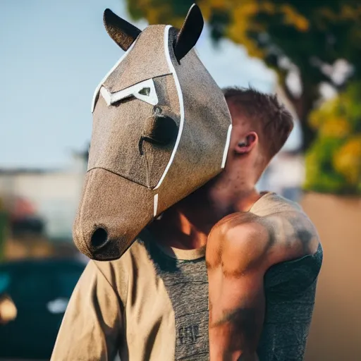 Image similar to man wearing horse head mask on shoulder of man