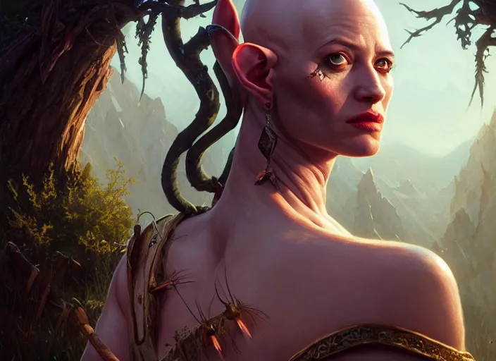 Image similar to highly detailed portrait of eva green as a bald tribal elf, in skyrim, stephen bliss, unreal engine, fantasy art by greg rutkowski, loish, rhads, ferdinand knab, makoto shinkai and lois van baarle, ilya kuvshinov, rossdraws, tom bagshaw, global illumination, radiant light, detailed and intricate environment