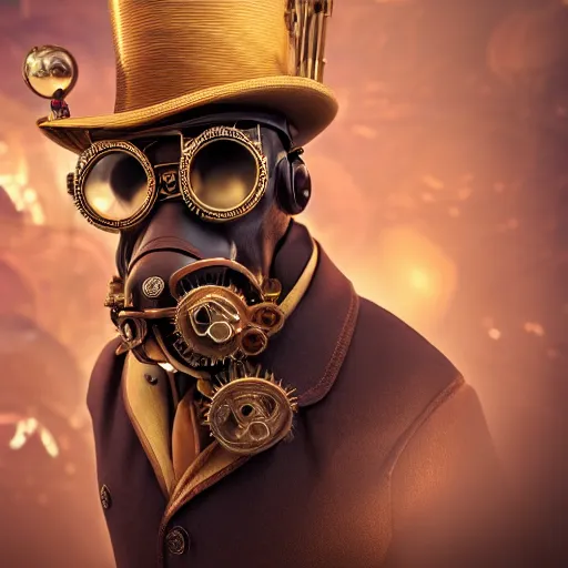 Prompt: Ultra-detailed cinematic 3d of steampunk ape, steampunk hat, steampunk glasses, detective coat, unreal engine, Trending on art station, 8k, octane render, high quality, volumetric lighting