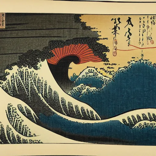 Prompt: ocean waves and fishing village, Ukiyo-e style by Katsushika Hokusai