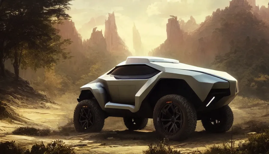 Image similar to a futuristic offroad suv designed by apple, artgerm and greg rutkowski and alphonse mucha, an epic fantasy, volumetric light, detailed, trending on art station, octane render, midsommar