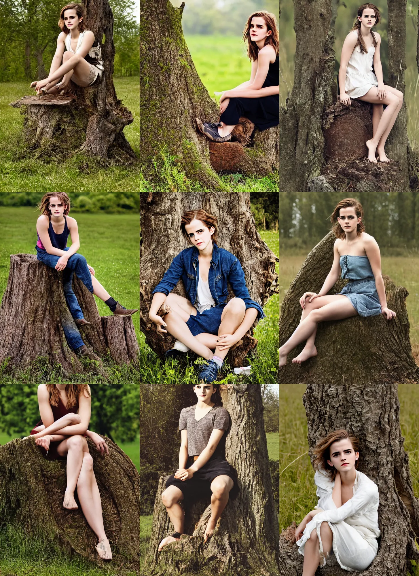 Prompt: half portrait of emma watson sitting on a tree stump in a field