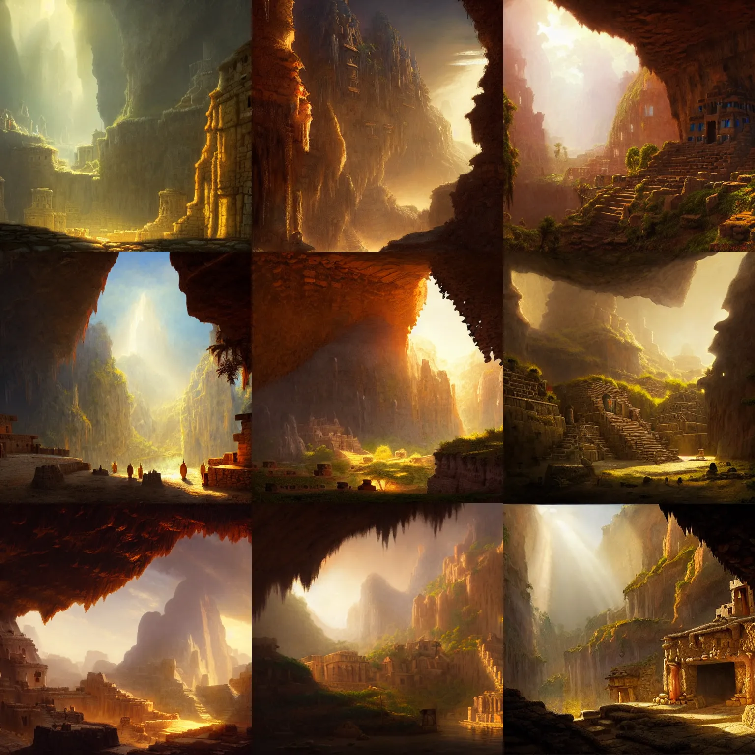 Prompt: aztec town built on the walls of a cave by jorge jacinto and albert bierstadt, matte painting, mystical, fantasy, rays of light, atmospheric lighting, uhd, 8 k