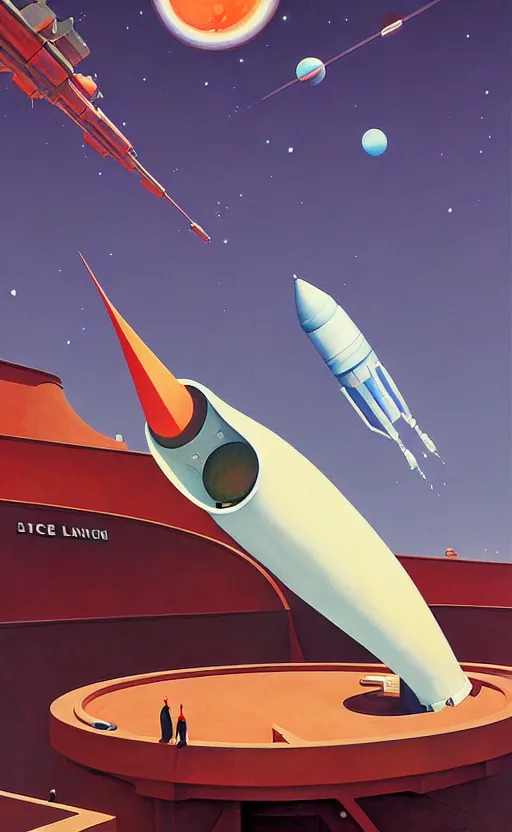 Image similar to Space rocket lunching station ,very coherent, painted by Edward Hopper, Wayne Barlowe, painted by James Gilleard, airbrush, art by JamesJean