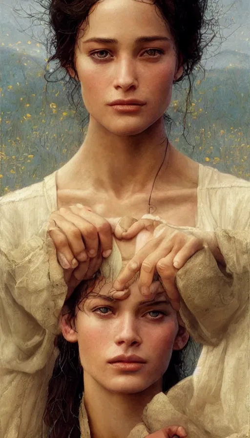 Image similar to epic masterpiece young emanuelle beart as peasant, sweaty skin, hyperrealistic, octane render, cinematic, beautiful face and flawless skin, perfect hands, 5 fingers, by edgar maxence and ross tran and michael whelan, legends of runeterra