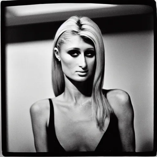 Image similar to photo of Paris Hilton by Diane Arbus, black and white, high contrast, Rolleiflex, 55mm f/4 lens