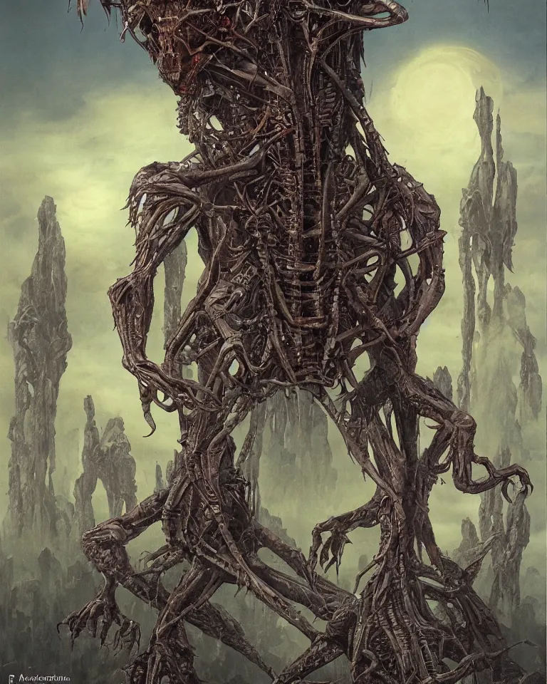 Image similar to an ominous matte painting of a creepy humanoid alien with many limbs, strong contrast, by patrick woodroffe, artstation